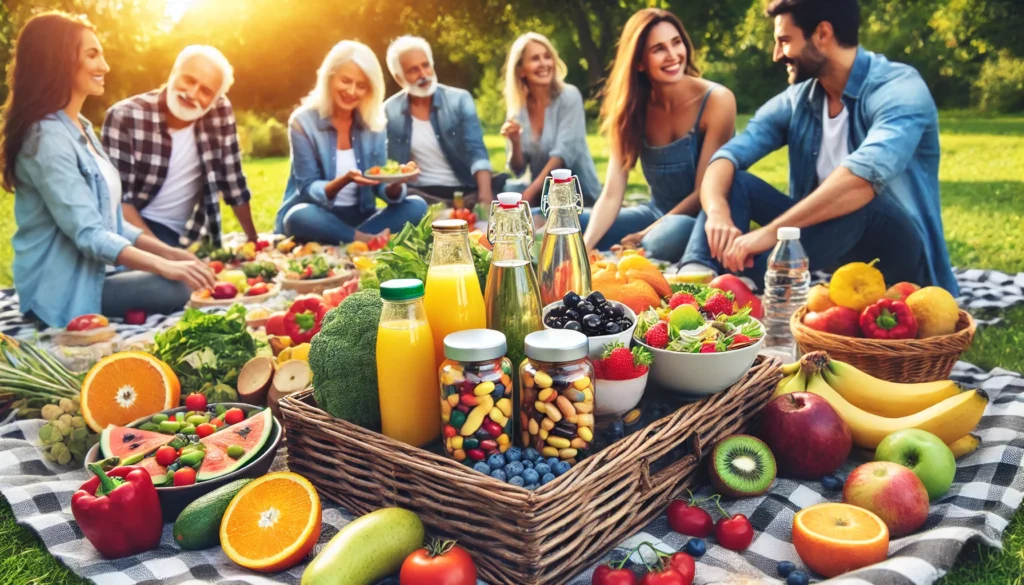 A diverse group of people enjoying a healthy outdoor picnic with fresh foods like fruits and salads, symbolizing wellness and the role of multivitamin supplementation in a balanced lifestyle.