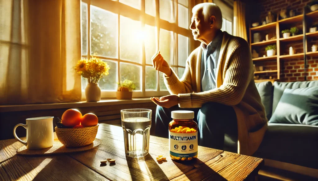 An elderly man sitting by a bright window, taking his daily multivitamin pill with a glass of water. The room is cozy and filled with warm sunlight, highlighting wellness and relaxation