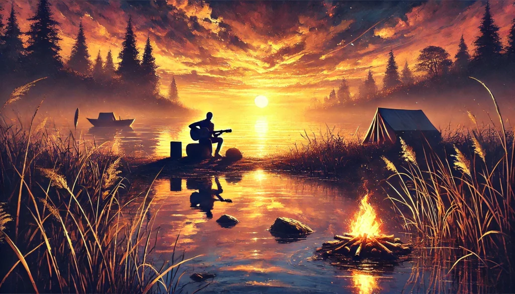 An atmospheric digital painting showcasing a peaceful lakeside at sunset, with a person strumming a guitar by the water. This tranquil scene embodies the essence of comforting music.

