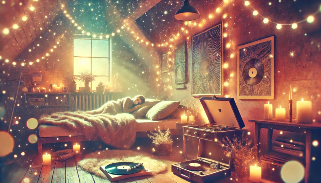 A dreamlike illustration of a cozy bedroom with a vintage record player and warm lighting from fairy lights and candles. The setting emphasizes the comfort and relaxation inspired by music.