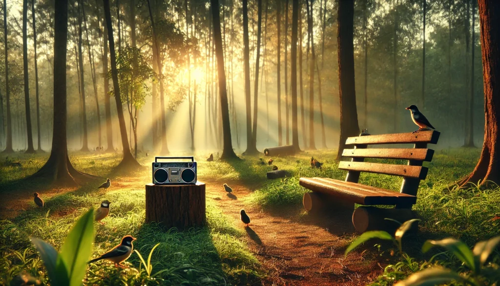 A serene early morning forest clearing with soft sunlight filtering through the trees. A small wooden bench sits in the center, with a portable speaker playing comforting music. Birds and small animals peacefully gather nearby, highlighting the soothing effects of music in nature.