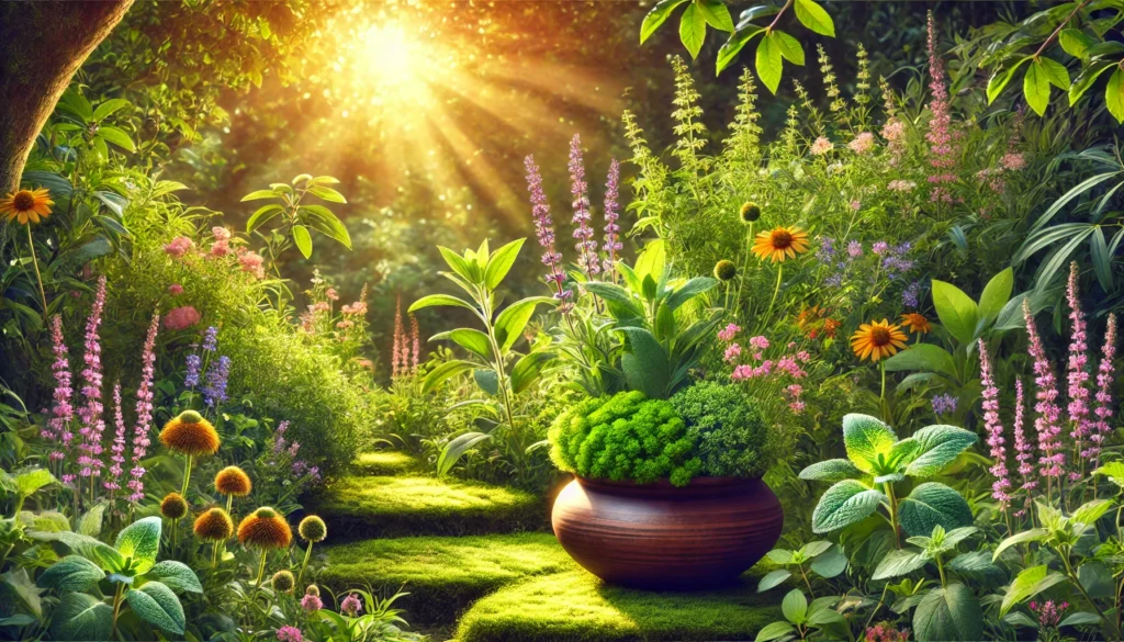 A lush herbal garden with vibrant medicinal plants such as sage, gotu kola, and bacopa monnieri, bathed in warm sunlight. The scene represents the natural power of herbs in supporting cognitive function and dementia care.