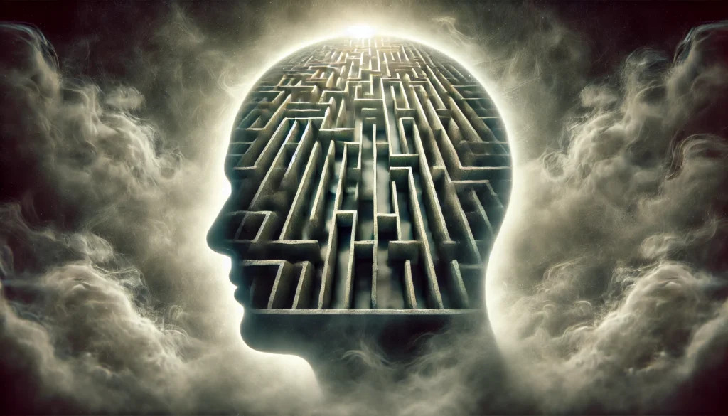 A surreal image of a foggy maze inside a human head, symbolizing confusion and cognitive impairment caused by alcohol. The maze appears endless and distorted, with some pathways fading into darkness, evoking a sense of disorientation and forgetfulness.