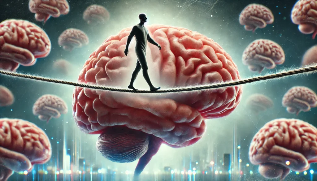 A conceptual image of a person walking on a tightrope made of brain tissue, symbolizing the delicate balance between alcohol consumption and cognitive function. The background is blurred and unstable, representing mental fog and impaired judgment.