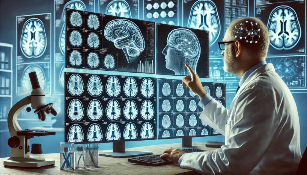 A researcher in a lab analyzing brain scans displayed on monitors, representing scientific advancements in new medications for memory loss.