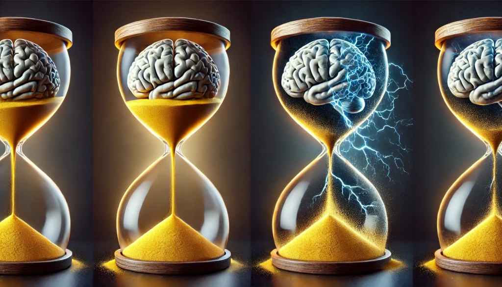 A symbolic representation of aging versus dementia—an hourglass with golden sand flowing steadily on one side (normal aging) and sand escaping through cracks into a void on the other side (memory loss and cognitive decline due to dementia).