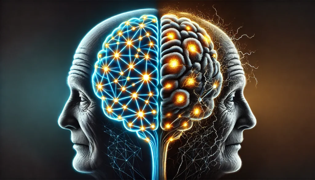 A conceptual illustration of brain health—on the left, a healthy brain with glowing neural connections representing normal cognitive function, and on the right, a deteriorating brain with fading neurons and cracks, symbolizing dementia.