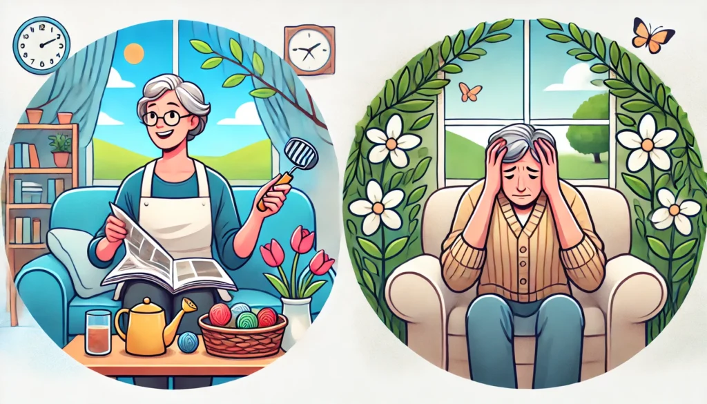 A side-by-side comparison of daily life—on the left, an elderly person happily engaging in a hobby like reading or gardening, while on the right, the same person looking lost and confused in their home, struggling to recognize familiar objects.