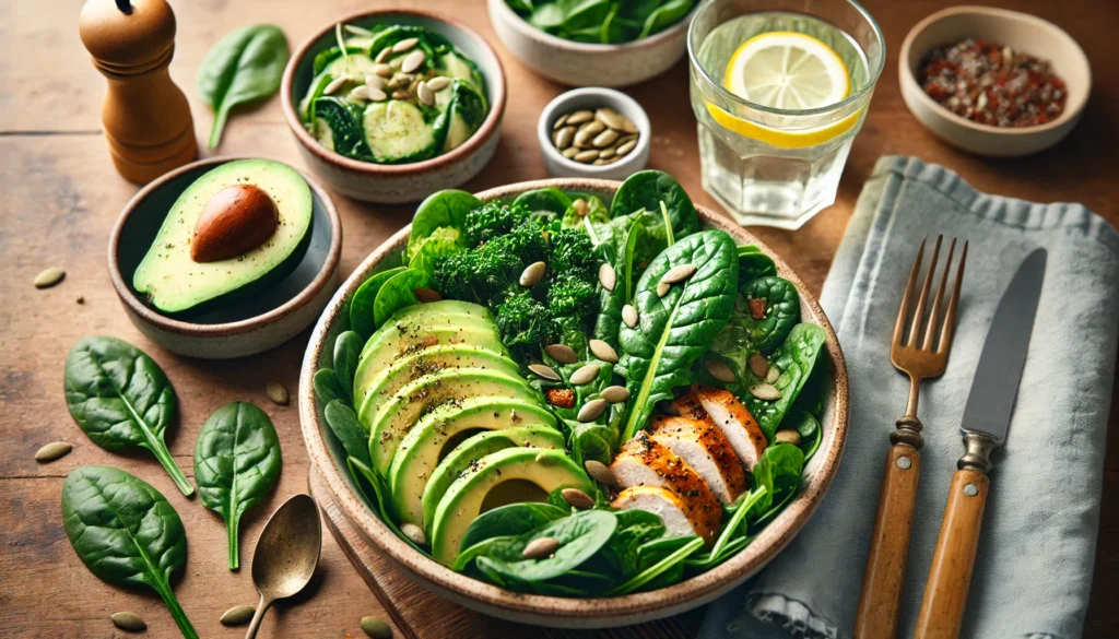 A wholesome lunch featuring a leafy green salad with spinach, kale, avocado, and pumpkin seeds, paired with grilled chicken and lemon water for nervous system nourishment