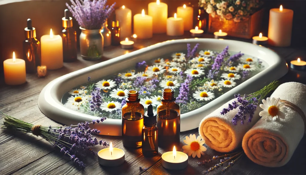 Aromatherapy stress relief bath with warm water, floating lavender and chamomile flowers, and essential oil bottles, surrounded by soft candlelight for a tranquil spa-like experience.