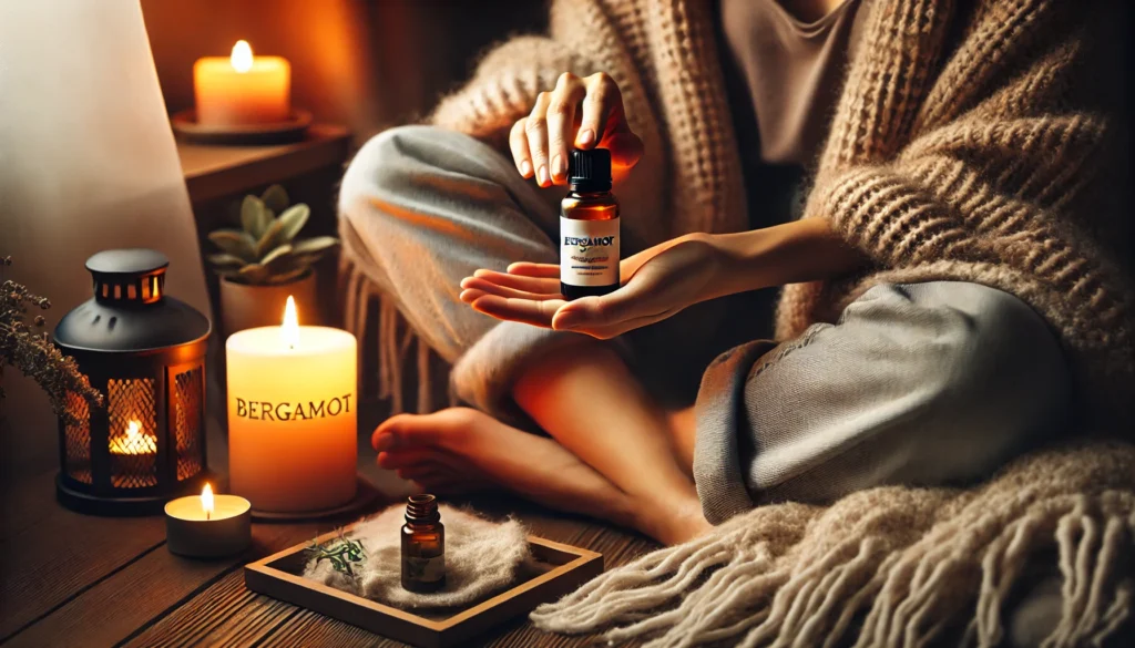 Cozy evening aromatherapy stress relief scene with a person holding a bottle of bergamot essential oil, wrapped in a soft blanket, with a nearby candle and diffuser creating a warm, soothing ambiance.