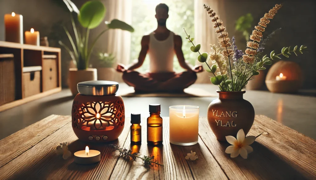 Aromatherapy stress relief meditation space with a wooden table holding a lit candle, essential oil diffuser, and ylang-ylang and lavender oils, with a person meditating in a peaceful, plant-filled setting.