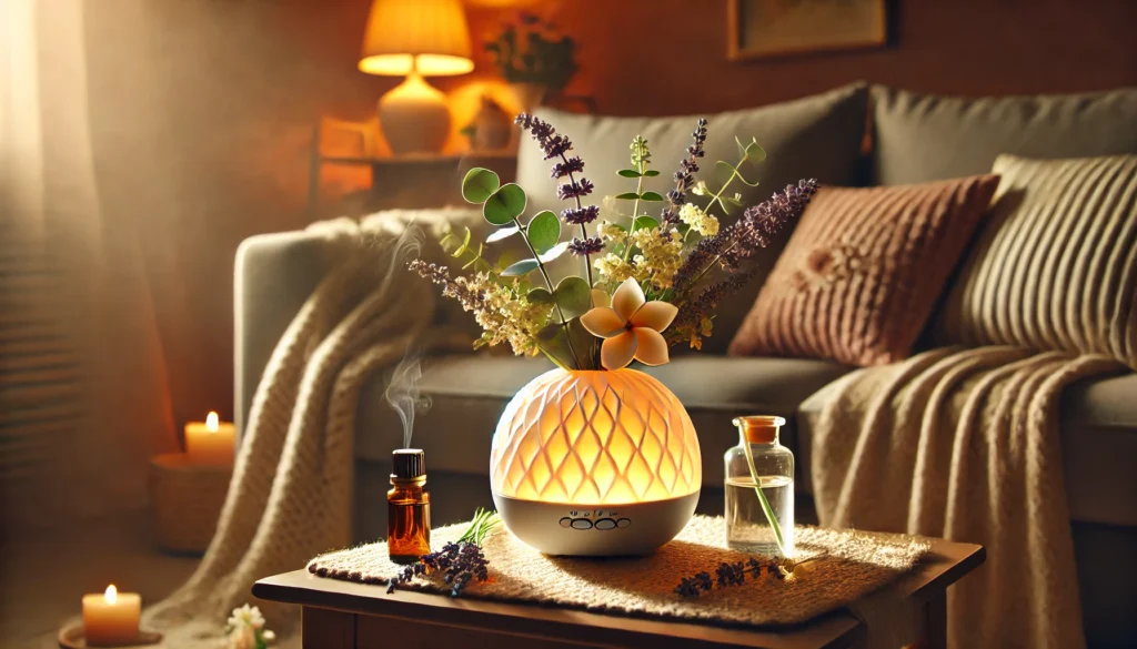 Serene living room scene with a lit essential oil diffuser surrounded by ylang ylang flowers, lavender, and eucalyptus leaves on a table, enhanced by warm lighting and a cozy ambiance.