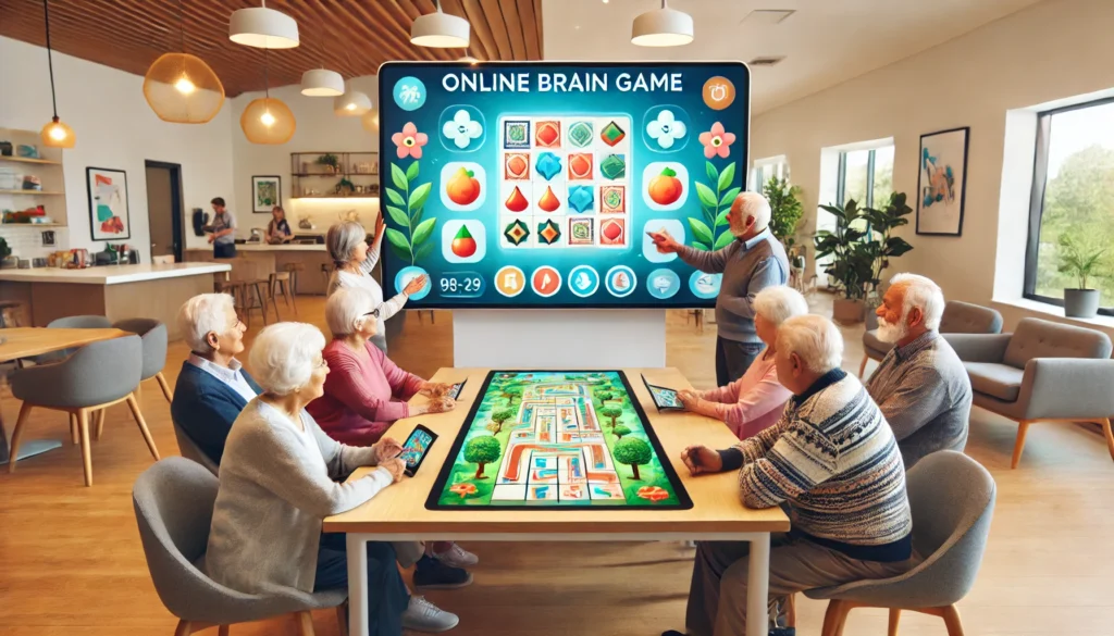 A group of seniors collaborating on an online brain game displayed on a large tablet in a bright community room with comfortable seating and vibrant lighting, emphasizing online brain games for seniors.