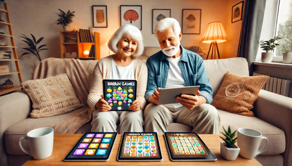 An elderly couple sitting on a cozy sofa, each using a tablet to play online brain games featuring colorful puzzles and memory challenges, set in a warm living room with soft lighting and books, highlighting online brain games for seniors.