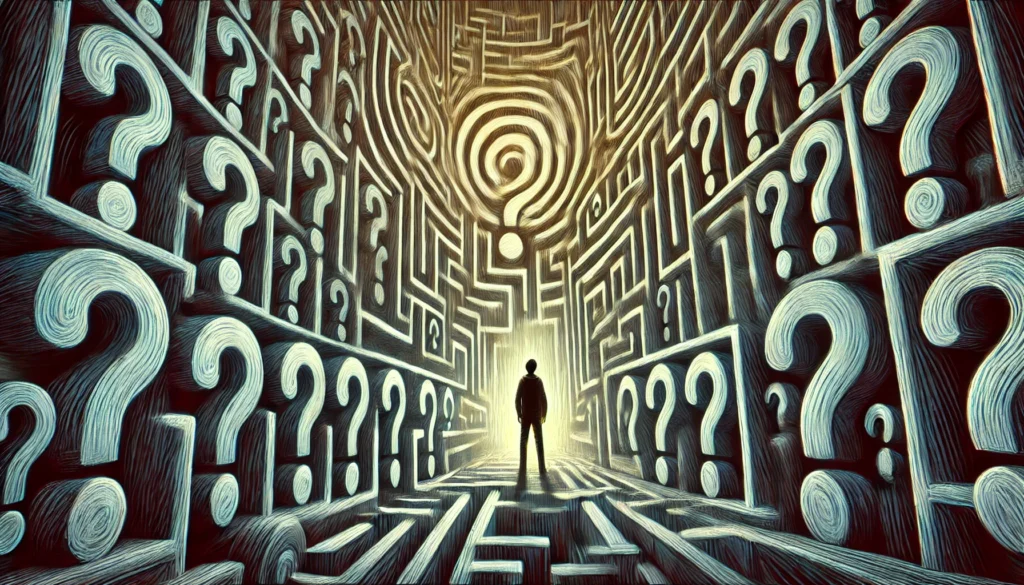 An individual lost in a shifting maze of question marks, visually representing how anxiety can create mental confusion and indecision