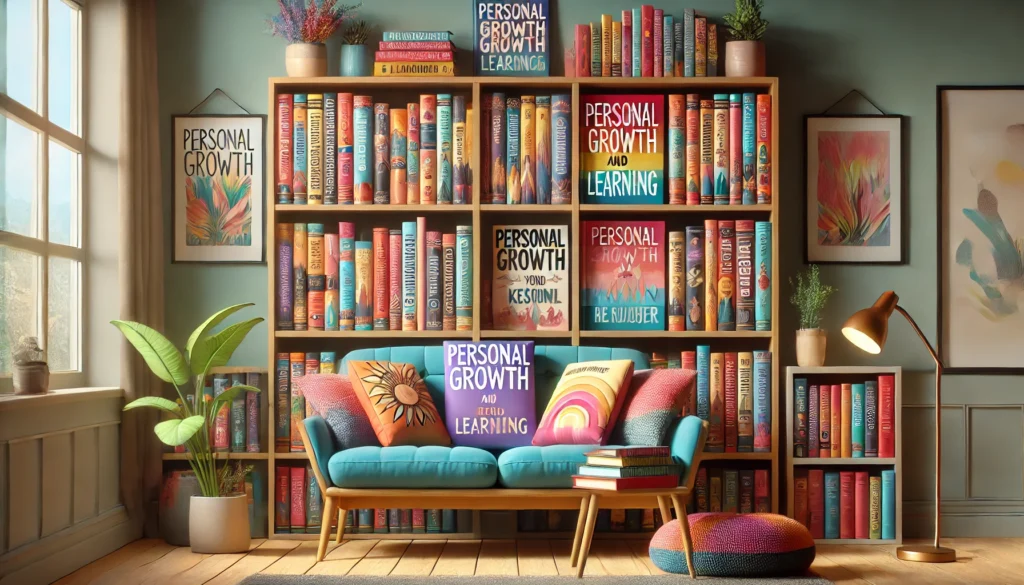 A vibrant and colorful bookshelf filled with the best books to read to learn and grow, creating an inviting space for self-improvement and knowledge