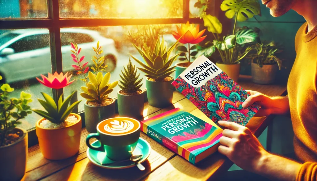 A bright and colorful café setting with a person reading one of the best books to read to learn and grow, surrounded by lush plants and warm sunlight