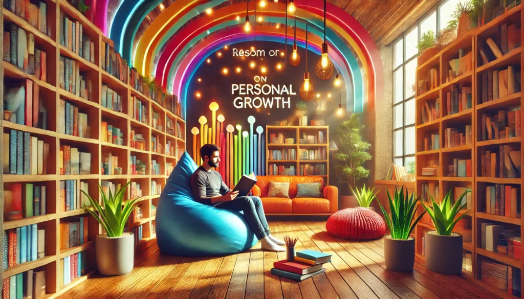 A vibrant and cozy indoor reading space with a person sitting on a bean bag, enjoying one of the best books to read to learn and grow, surrounded by colorful bookshelves and warm lighting