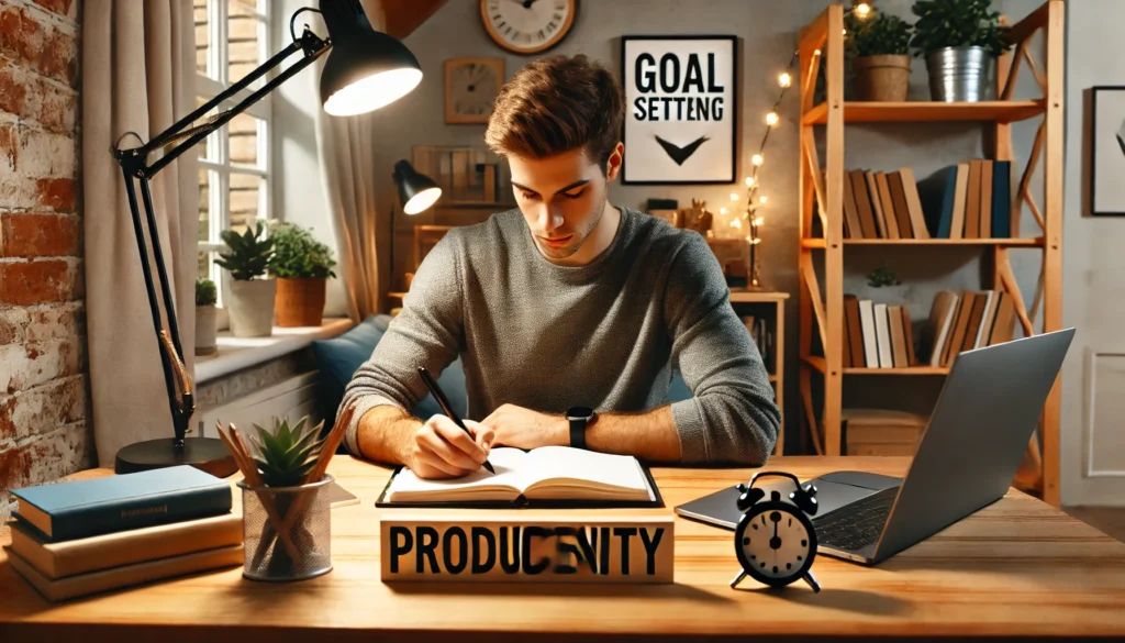 A focused individual writing in a productivity journal at a cozy, well-lit home workspace, symbolizing goal setting and efficiency. The background features bookshelves, a desk lamp, and motivational decor, creating an inviting and inspiring atmosphere