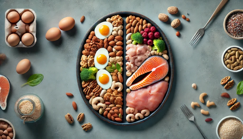 An artistic composition of a brain-shaped platter made from protein-rich foods such as eggs, salmon, chicken, nuts, and beans. The ingredients are carefully arranged to form the brain’s structure, visually emphasizing the role of protein in enhancing memory and cognitive health.