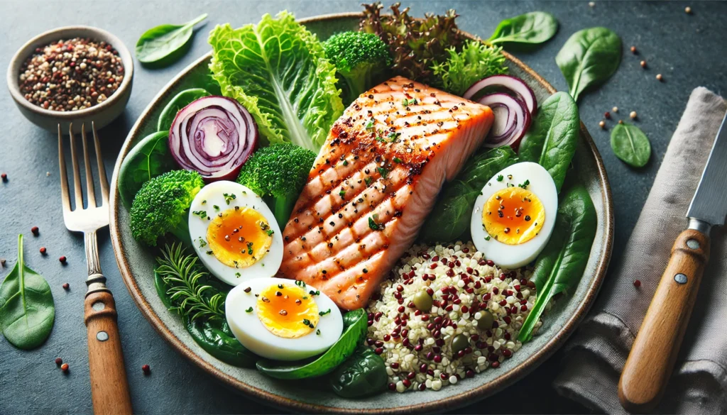 A visually striking close-up of a protein-rich meal featuring grilled salmon, quinoa, boiled eggs, and leafy greens on a plate. The dish is fresh and appetizing, showcasing the balance of nutrients essential for memory and brain health.