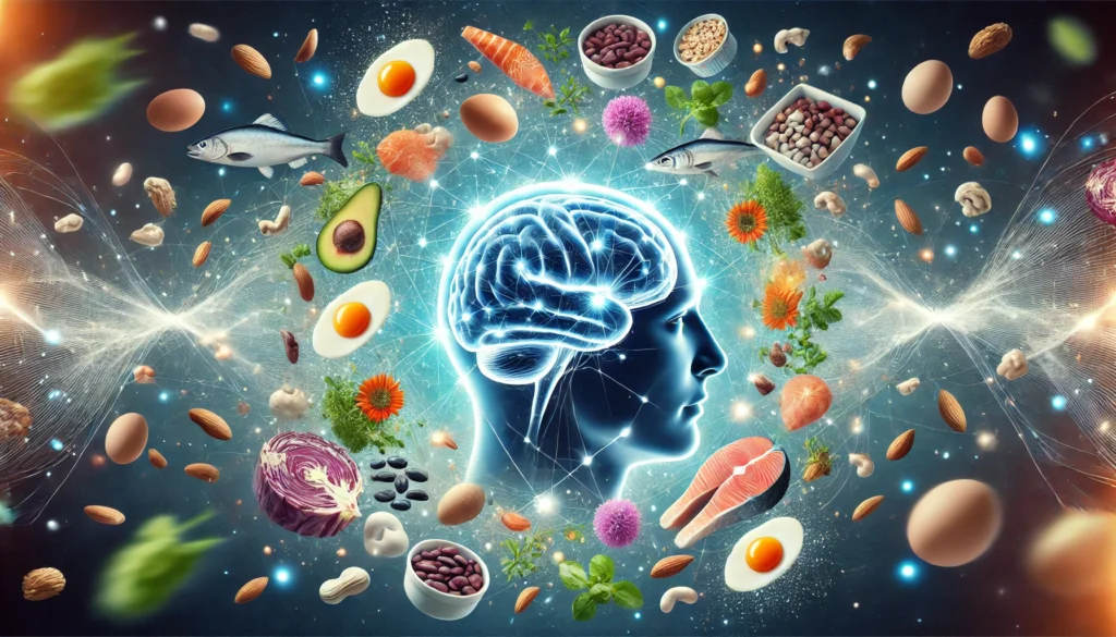 A dynamic concept illustration of a glowing human brain surrounded by floating protein-rich foods like eggs, fish, nuts, and beans. The brain emits a soft blue glow, symbolizing enhanced memory and cognitive function, while the foods orbit around it in a futuristic visualization of nutrition and brain health.