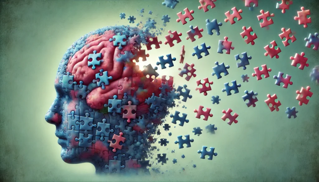 An artistic representation of a dissolving brain with puzzle pieces floating away, symbolizing memory loss potentially linked to Prozac. The missing pieces represent gaps in recall and cognitive disruption associated with antidepressant use.