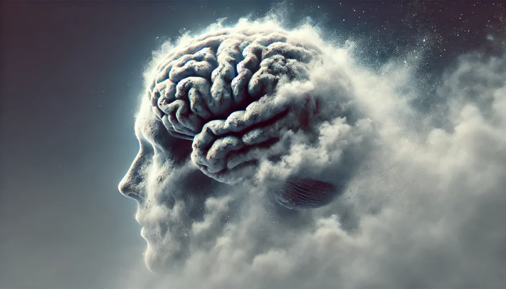 A surreal image of a brain slowly disintegrating into mist, representing the cognitive effects of Prozac and memory loss. The fading neural structure visually depicts mental fog and the potential impact of long-term antidepressant use.