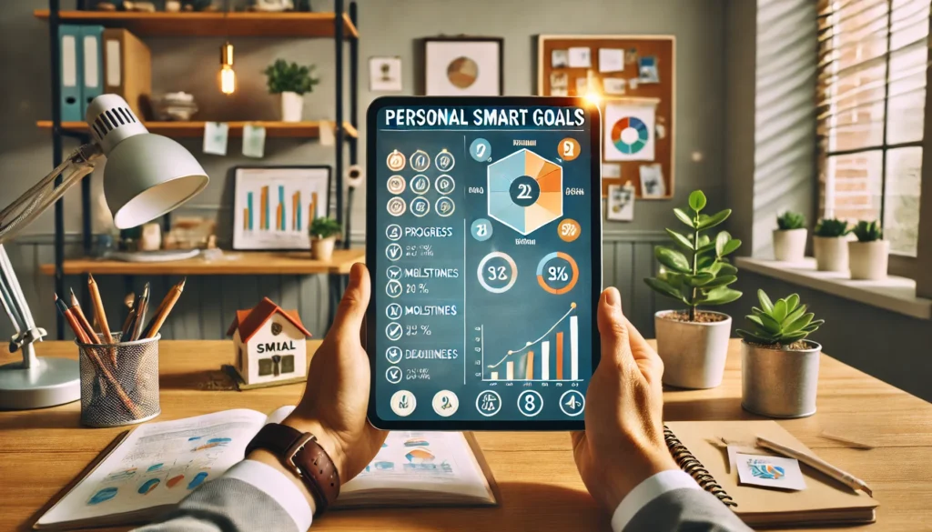 A person using a tablet with a goal tracking app, symbolizing progress monitoring and strategic goal-setting