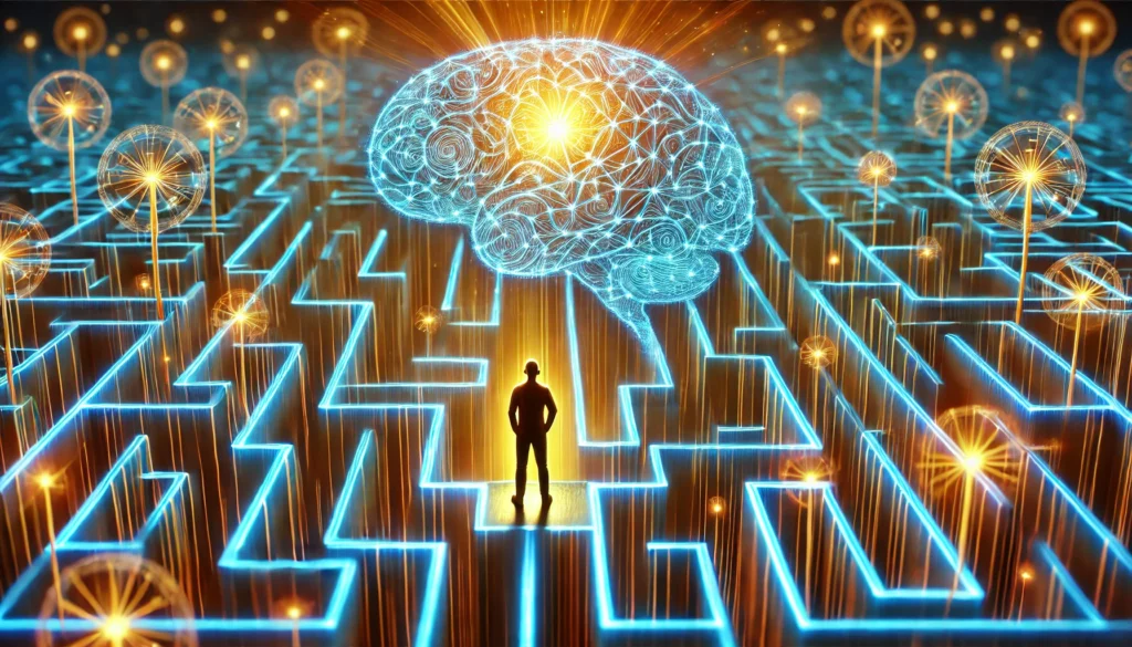 A person standing in the center of a glowing neural labyrinth, carefully tracing a path to retrieve lost thoughts, symbolizing cognitive clarity and focus.