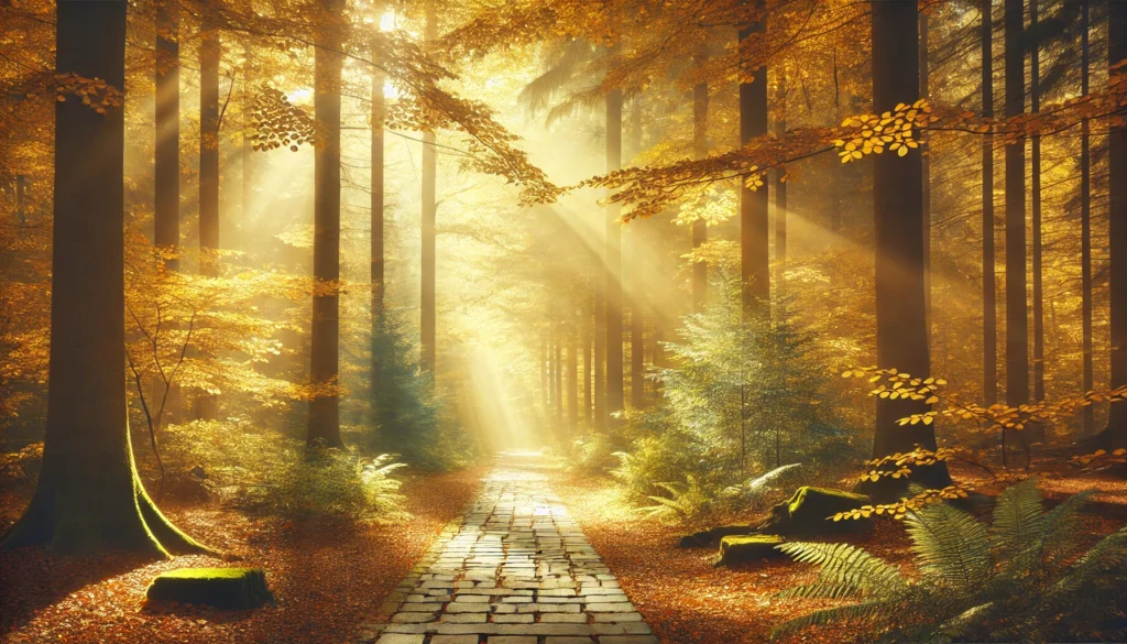 A serene autumn forest with golden leaves and soft sunlight, symbolizing tranquility and the relaxation response meaning.