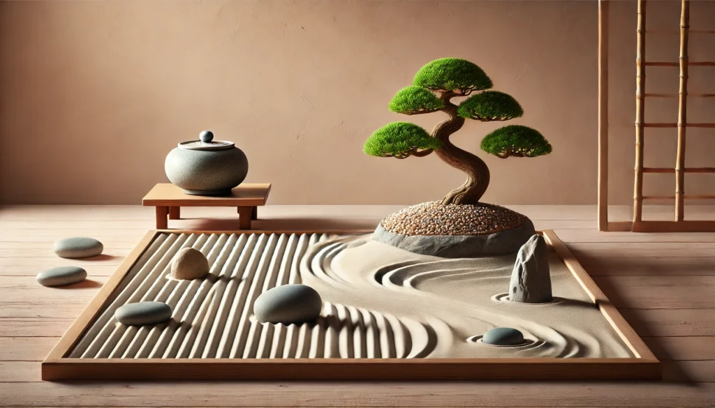 A zen garden scene with raked sand, smooth stones, and a bonsai tree, reflecting balance and the relaxation response meaning.