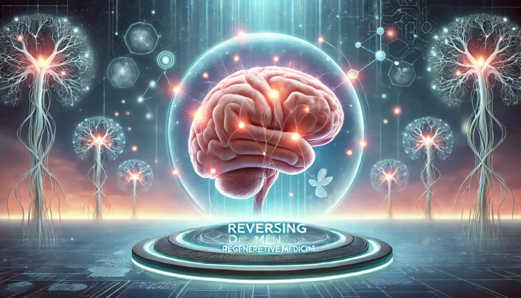 A glowing brain with neural pathways repairing themselves, set in a serene futuristic environment, symbolizing progress in dementia treatment.