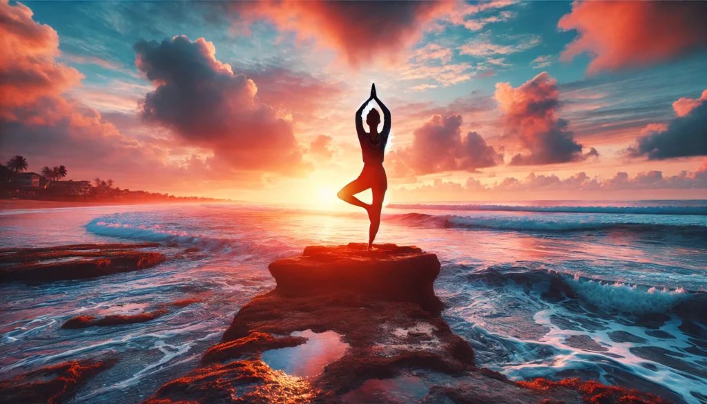 A tranquil sunrise over the ocean, with a person practicing yoga in a tree pose on a rocky shore, symbolizing self-motivation and inner harmony, as the vibrant sky reflects on the gentle waves.