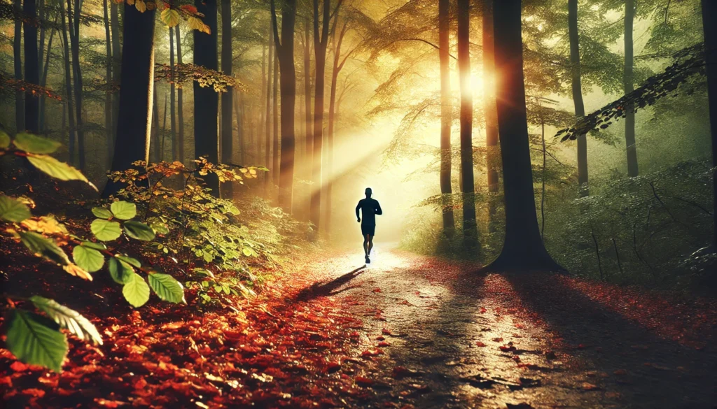 A serene autumn forest trail with a person jogging, surrounded by vibrant fallen leaves and illuminated by morning light filtering through the trees, symbolizing self-motivation and commitment to personal growth.