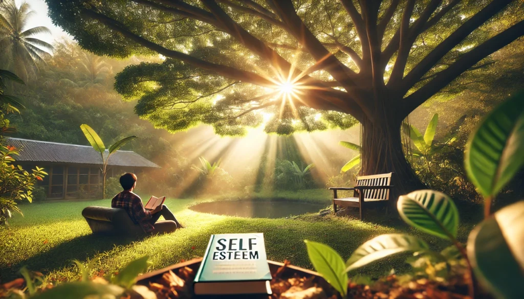 A serene outdoor setting with a person reading a self-esteem book under a tree, with sunlight filtering through the leaves, creating a tranquil and inspiring atmosphere