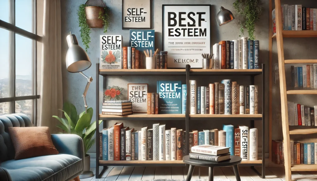 A modern bookshelf filled with the best books on self-esteem, neatly arranged in a stylish reading space, creating a welcoming and inspiring atmosphere