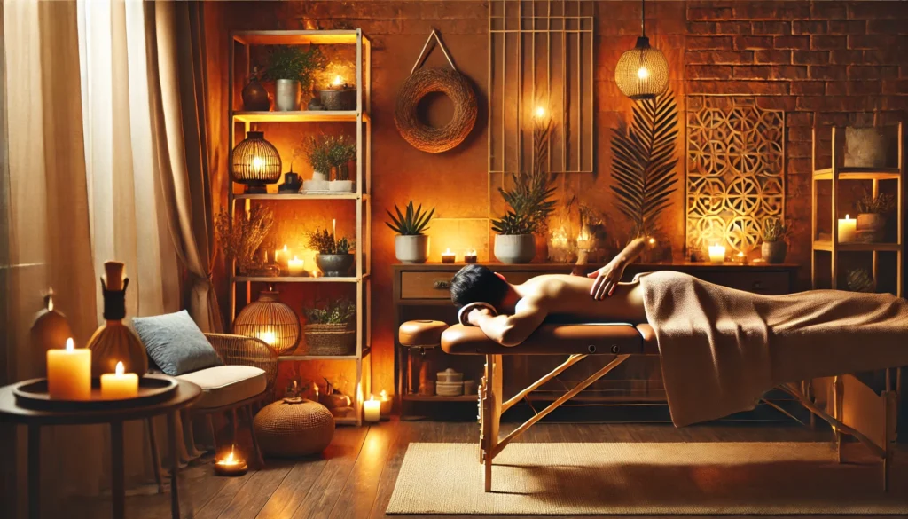 A cozy indoor setting with a person receiving a relaxing back massage, highlighting therapeutic techniques for relieving muscle tension.