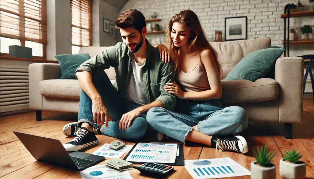 A young couple sitting on a couch, discussing their financial goals with a laptop and documents, demonstrating budgeting and personal growth related to 'a couple of my short term goals are'