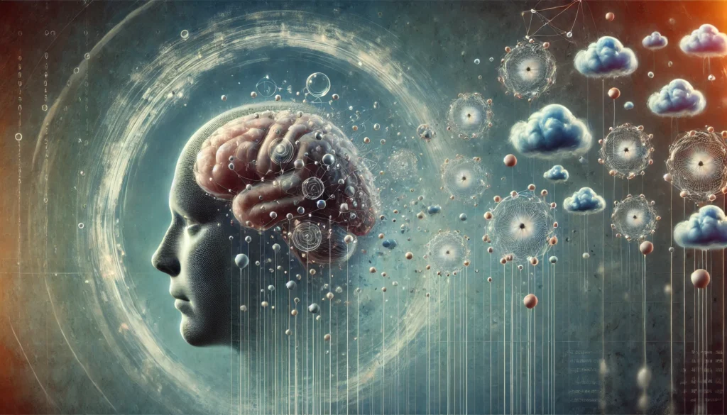 An artistic visualization of short-term memory processing, showing a series of floating memory bubbles appearing in sequence, with some fading away. A human head in the background observes the process, symbolizing fleeting thoughts and momentary recall.