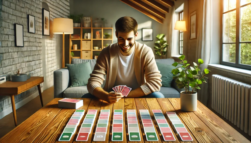 An individual playing a card matching game, illustrating a fun and engaging way to exercise short term memory.