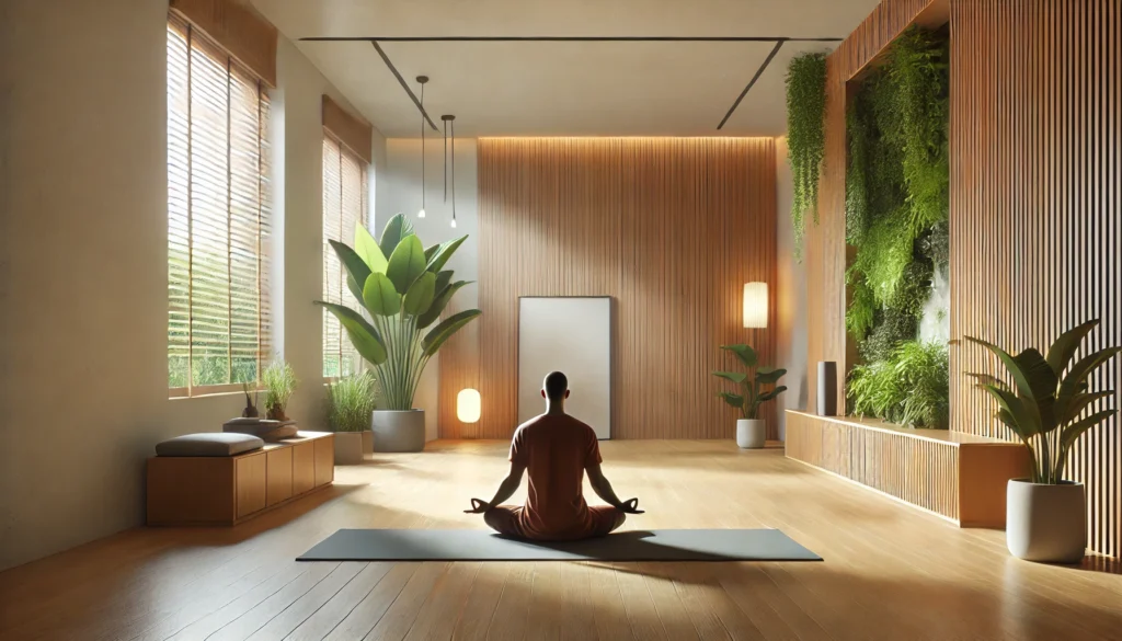 A serene yoga studio with a person meditating in a seated pose, surrounded by green plants and soft lighting, highlighting mindfulness as a memory-boosting practice.