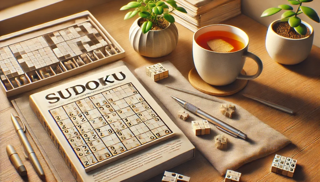 A desk setup featuring a Sudoku puzzle book, a cup of herbal tea, and a small potted plant, illuminated by warm lighting, emphasizing brain games and relaxation for boosting short-term memory.