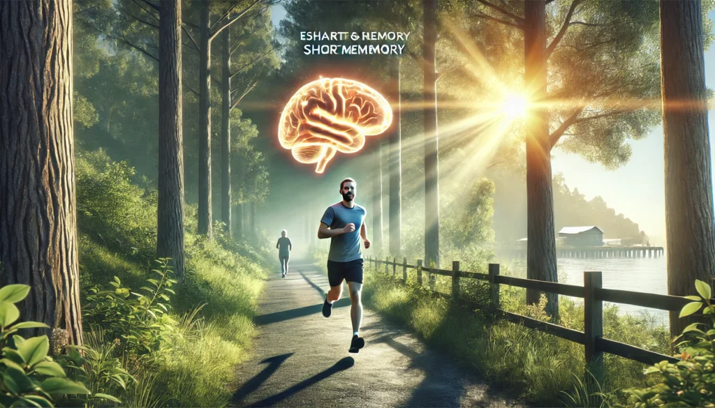 A person jogging on a scenic trail surrounded by trees and sunlight, symbolizing the cognitive and health benefits of physical exercise for enhancing short-term memory.