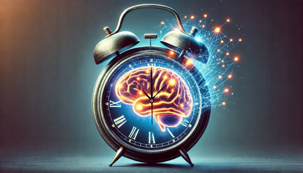 An abstract representation of a clock merging with a brain, symbolizing the importance of a proper sleep schedule for memory enhancement. The clock’s hands glow, representing optimal sleep cycles that support cognitive function and memory retention.