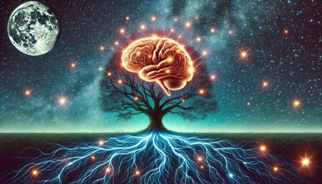 A surreal image of a tree with neural branches growing under a starry night sky, symbolizing the brain’s growth and memory improvement during deep sleep. The roots represent healthy sleep habits, while the branches glow with energy, signifying cognitive benefits.