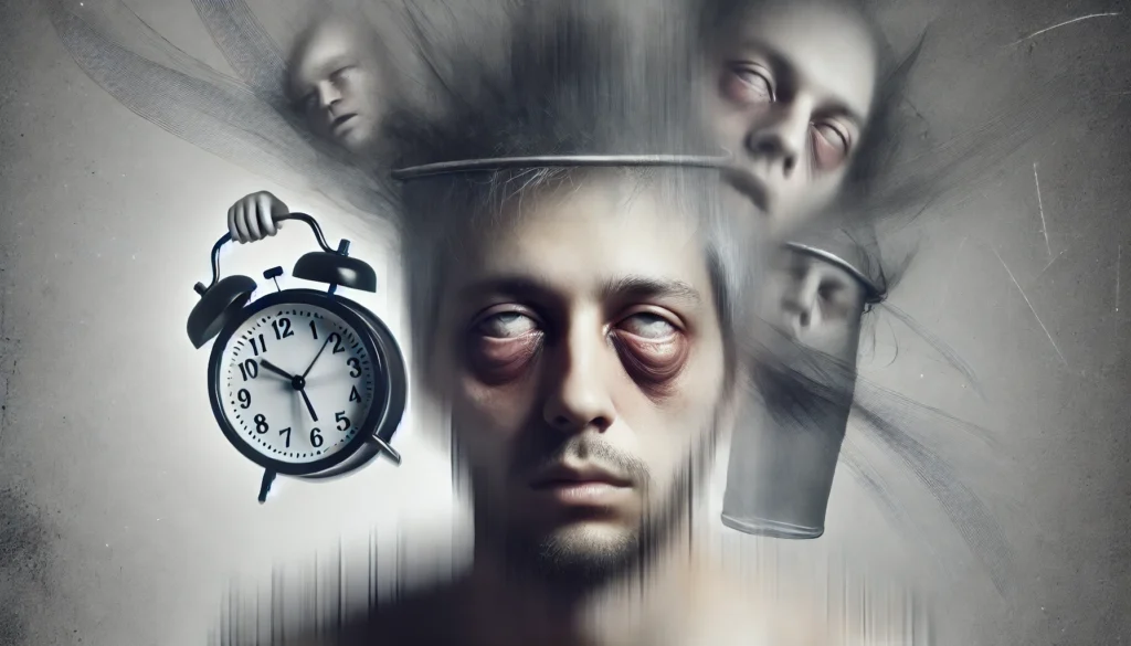 A conceptual image of a person with heavy eye bags and a shadowy aura, symbolizing the exhaustion and mental fog caused by sleep deprivation. Their face appears slightly distorted, as if struggling to stay awake, with blurred, overlapping visual elements representing hallucinations and impaired focus.