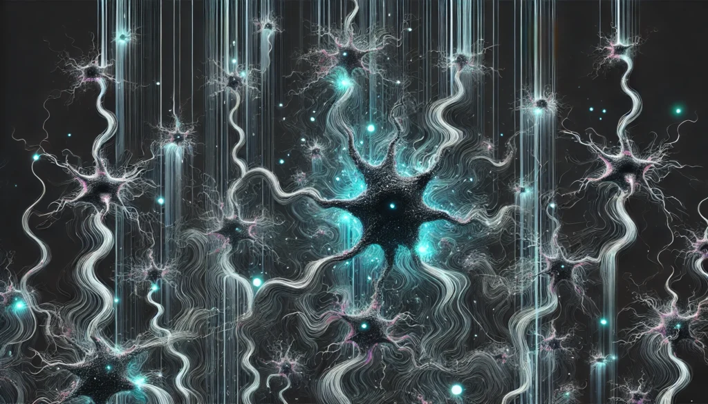 An abstract representation of neurons with frayed, disconnected synapses, symbolizing the cognitive impairment caused by chronic sleep deprivation. Some connections appear broken or dim, with dark waves of exhaustion spreading through the neural network.