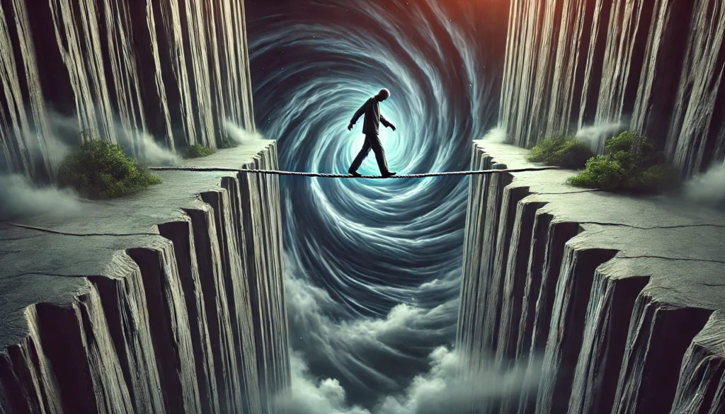 A surreal image of a person walking on a tightrope between two cliffs, with a dark, swirling void beneath, symbolizing the dangerous consequences of sleep deprivation. The person appears dizzy and unsteady, representing the risks of impaired judgment and cognitive decline.